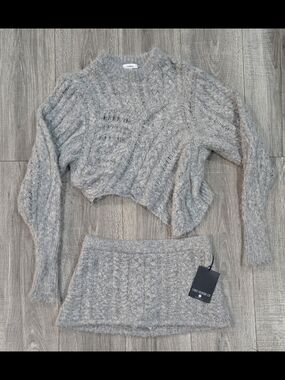 Miaou : Heather Grey Cropped Crewneck & Mini Skirt: Alpaca / Fine Merino Wool.